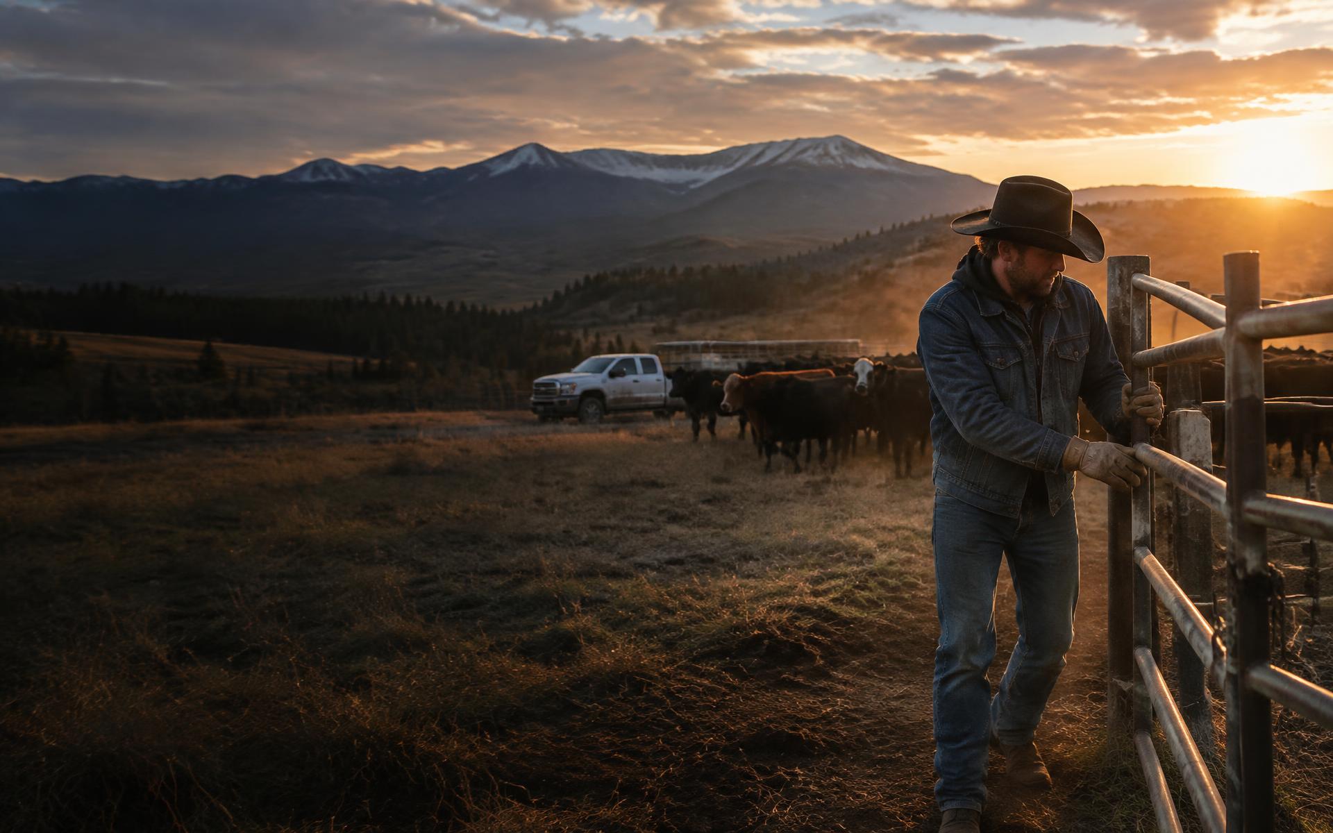 Ranch hand closing a cattle gate at sunset